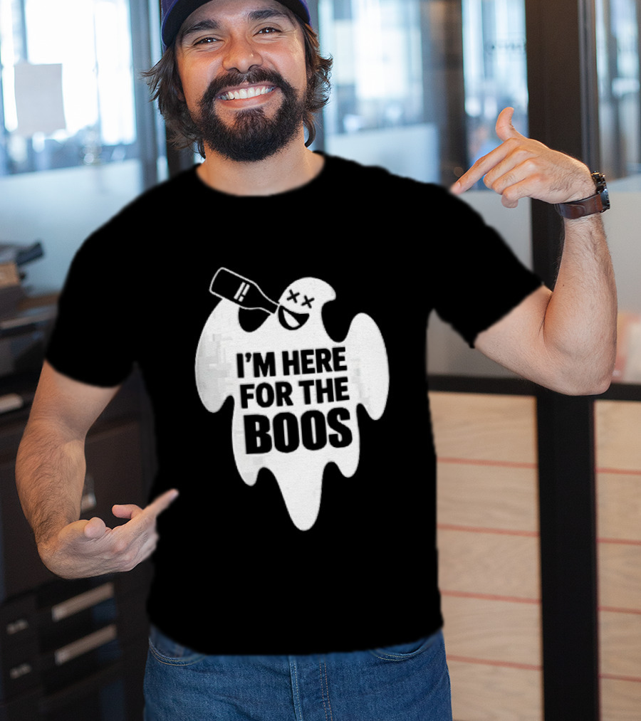 I'm Here For The Boos Cartoon Ghost Drinking Alcohol Bottle T-Shirt