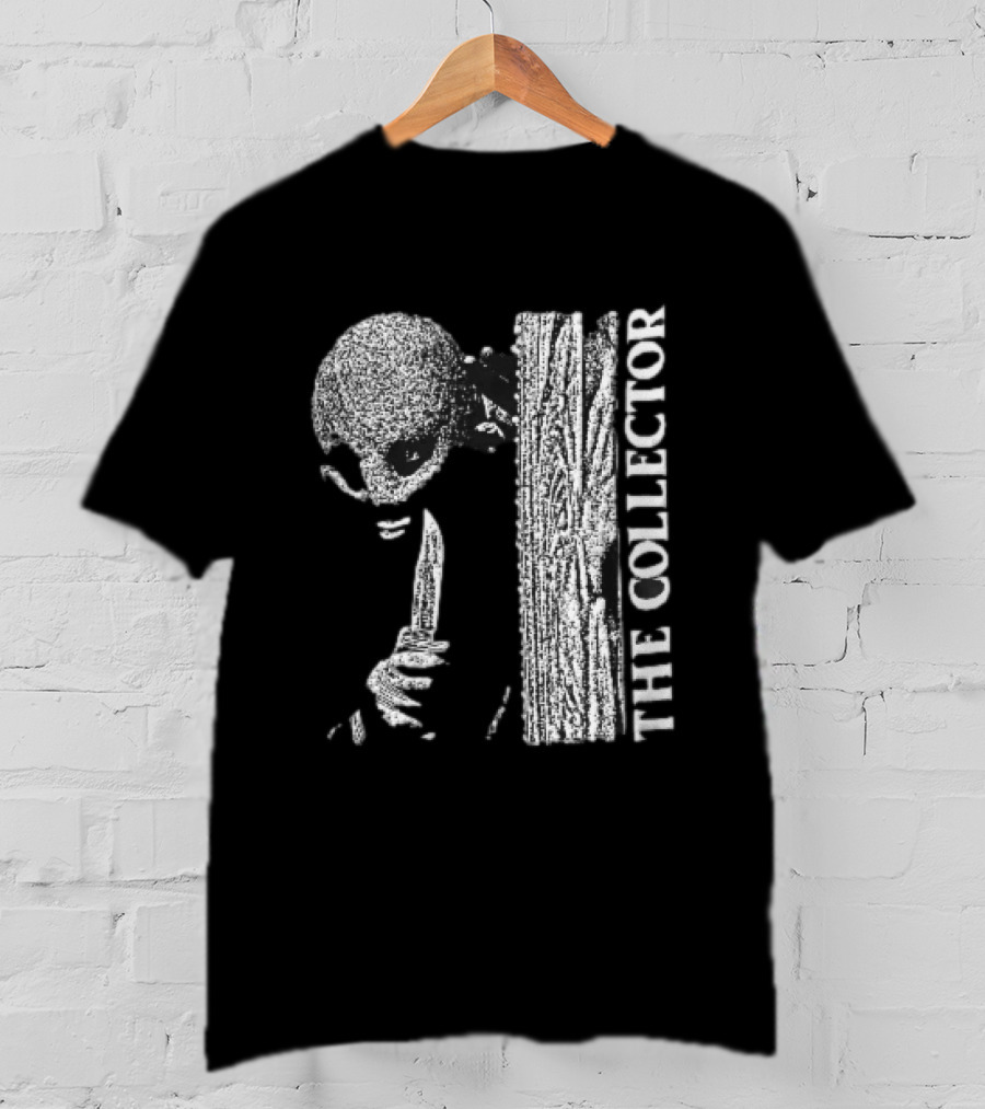 The Collector Masked Figure Knife Wooden Door Peeking Halftone T-Shirt
