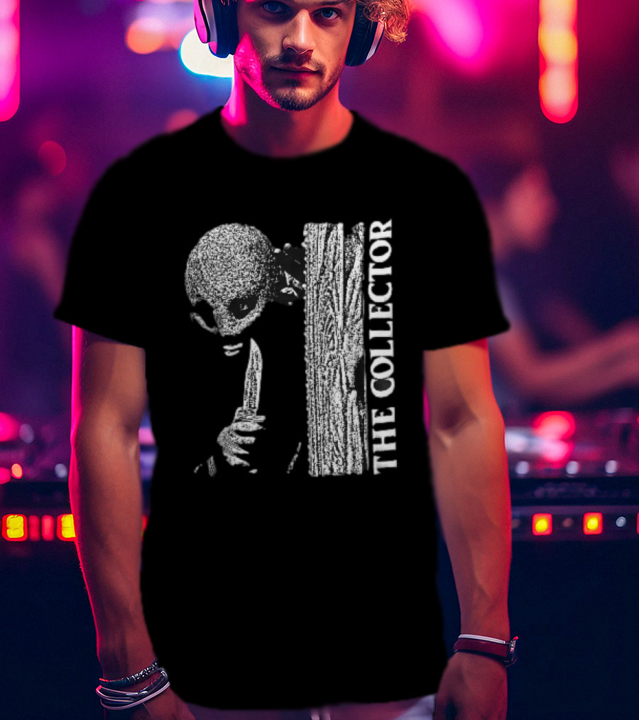 The Collector Masked Figure Knife Wooden Door Peeking Halftone T-Shirt