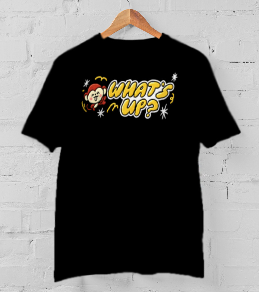 What's Up Cartoon Monkey Waving White Sparkles Squiggles T-Shirt