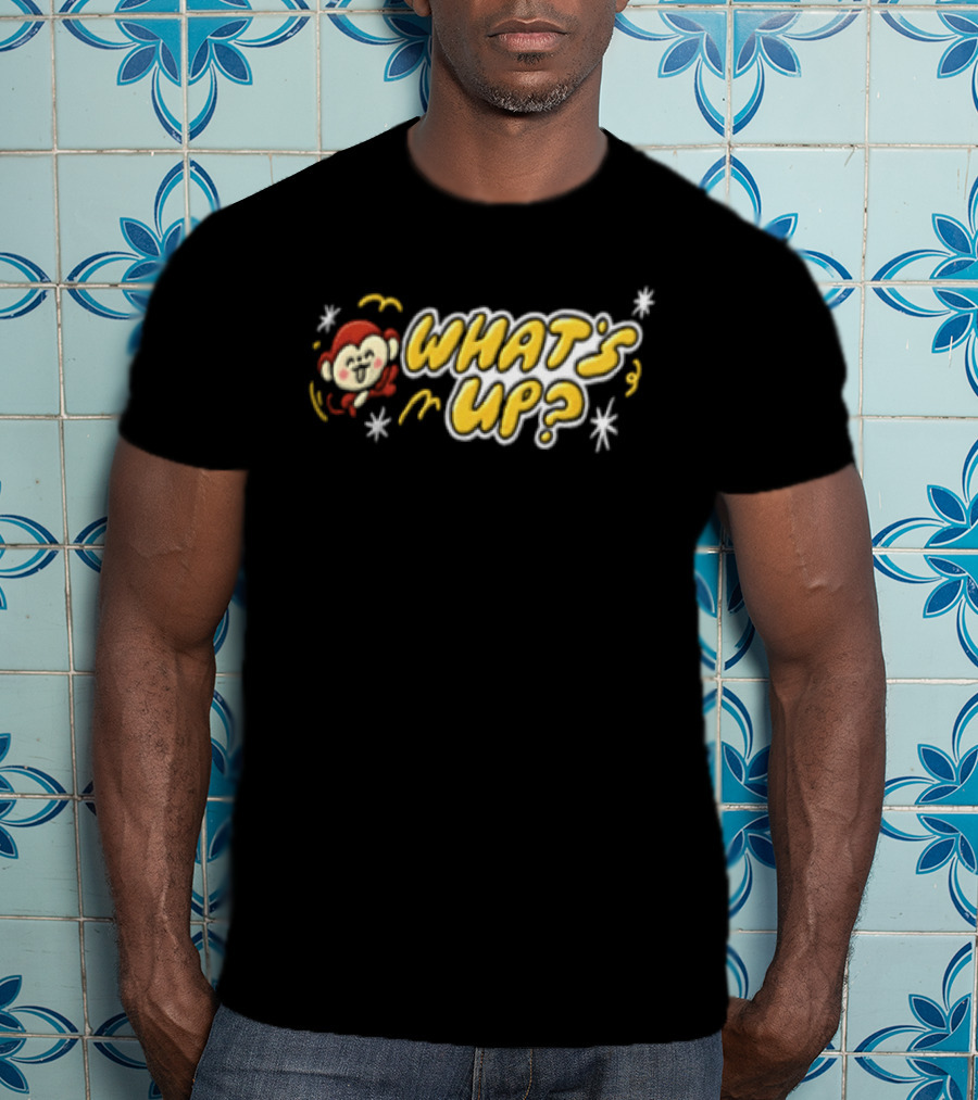 What's Up Cartoon Monkey Waving White Sparkles Squiggles T-Shirt