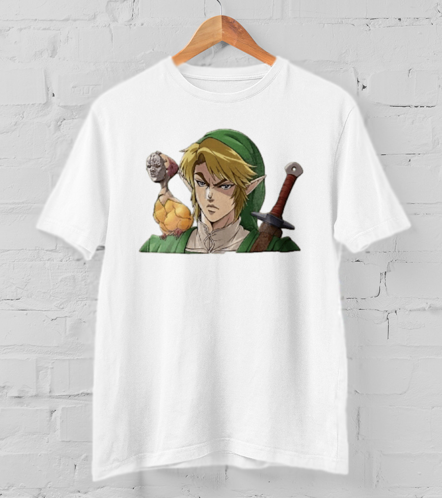 Anime Blonde Elf Knight In Green Tunic With Sword And Strange Bird Companion T-Shirt