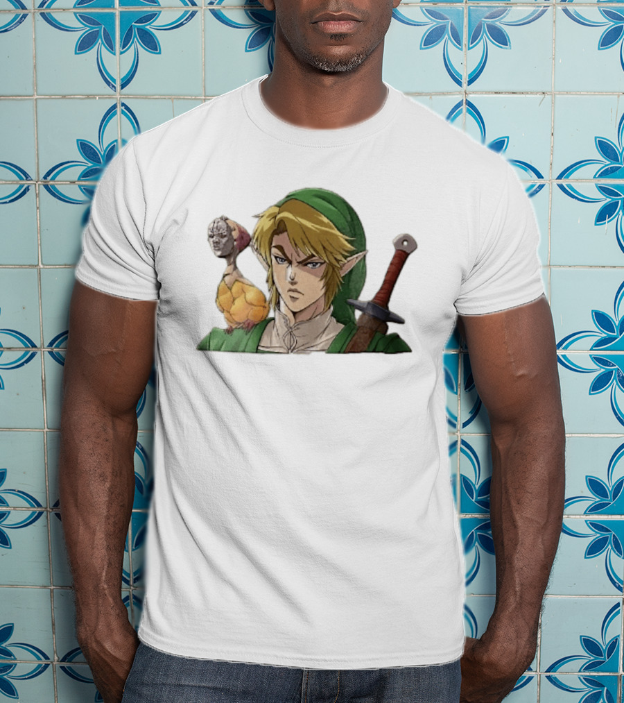 Anime Blonde Elf Knight In Green Tunic With Sword And Strange Bird Companion T-Shirt