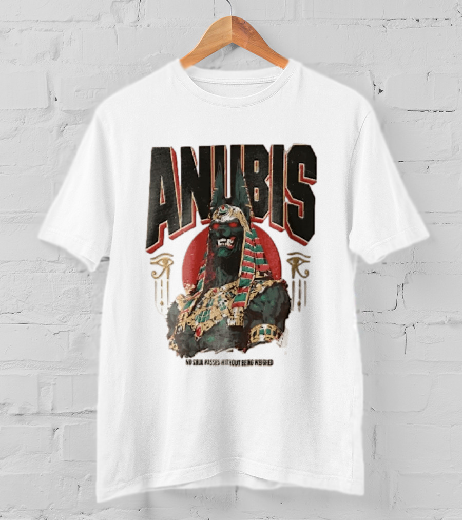 Anubis Jackal Headed Egyptian God Distressed No Soul Passes Without Being Weighed Sun T-Shirt