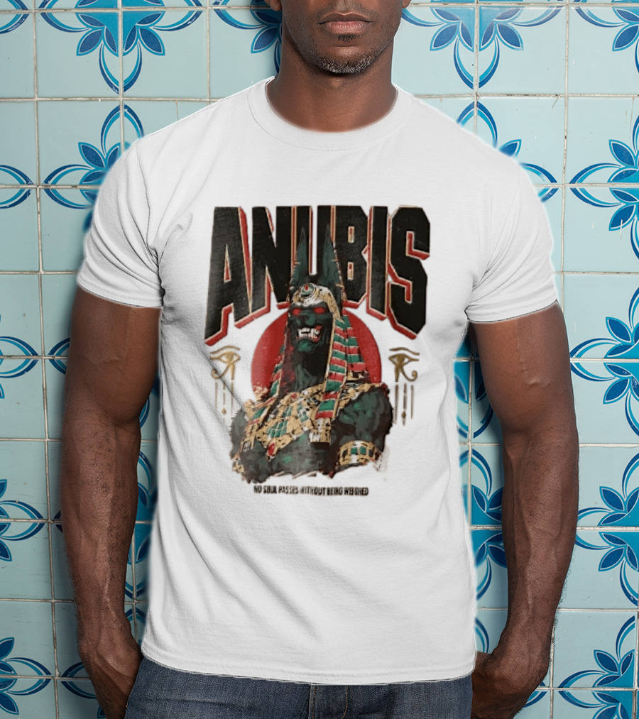 Anubis Jackal Headed Egyptian God Distressed No Soul Passes Without Being Weighed Sun T-Shirt
