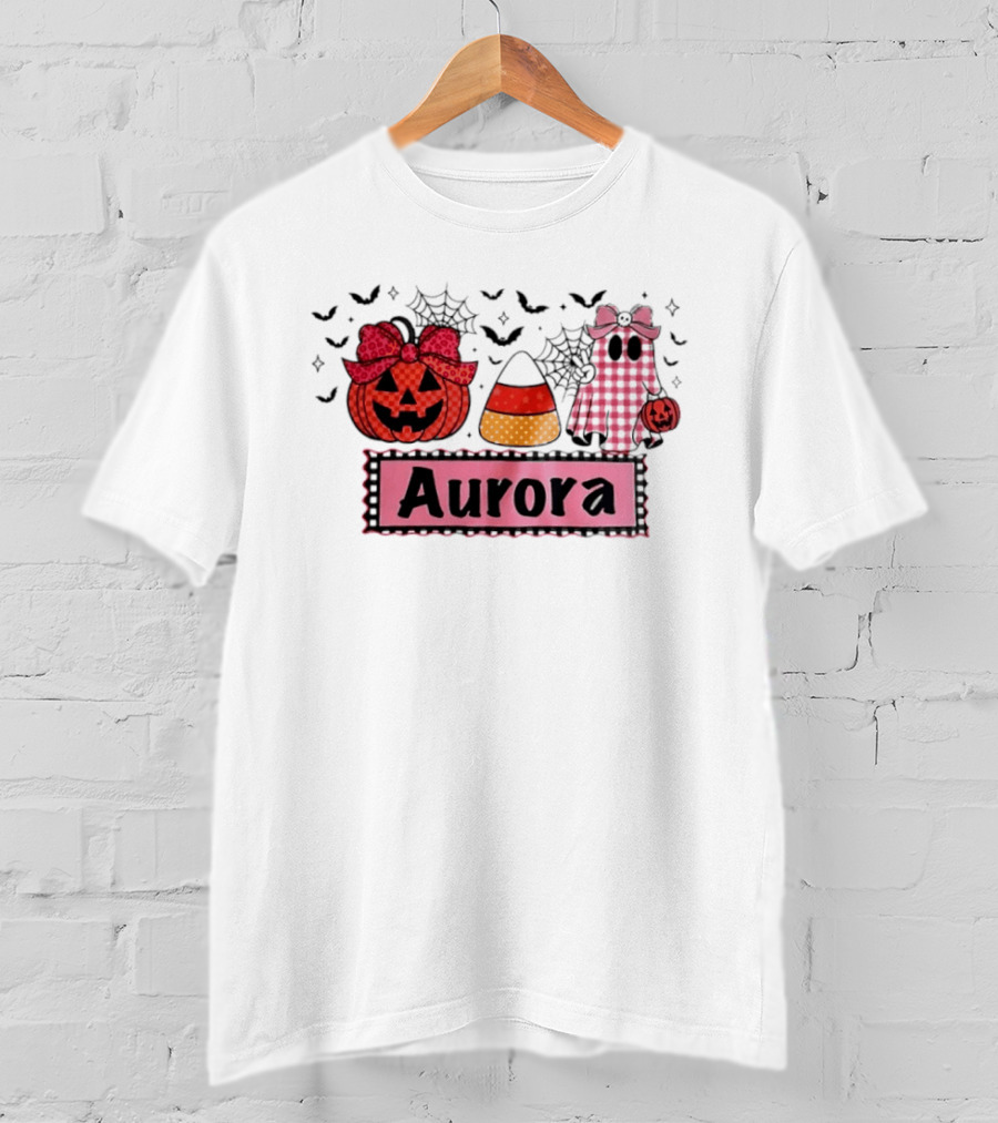 Aurora Halloween Pumpkin Ghost Candy Corn And Spiderwebs T-Shirt