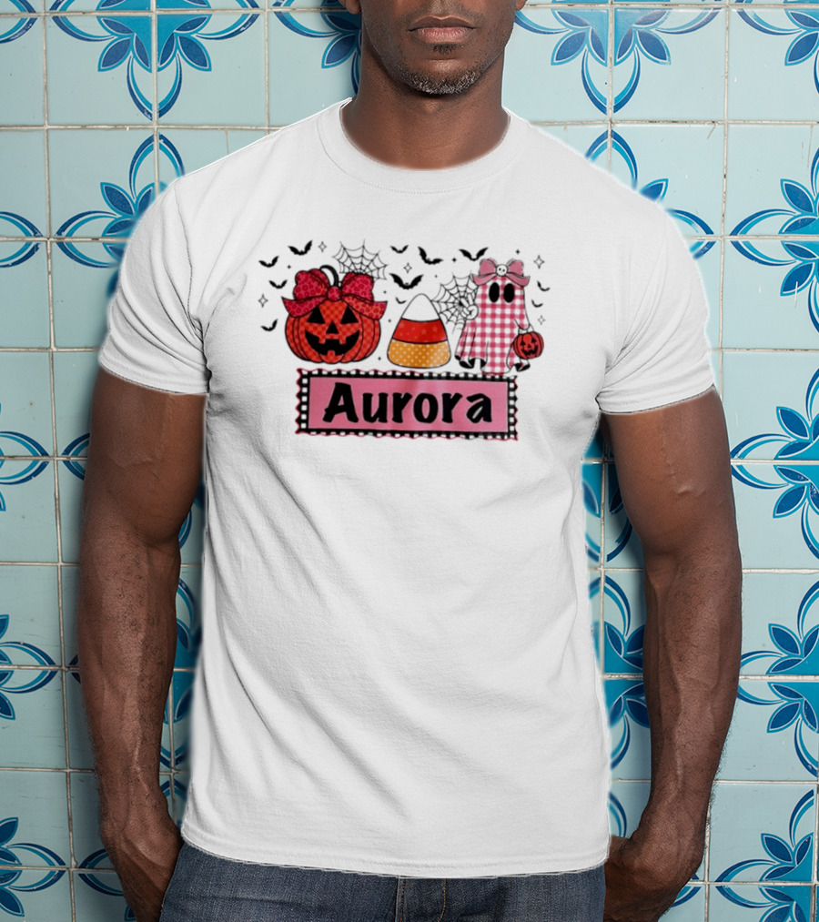 Aurora Halloween Pumpkin Ghost Candy Corn And Spiderwebs T-Shirt