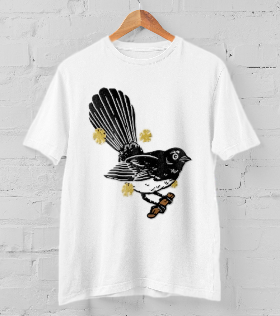 Black White Linocut Fantail Bird Branch Yellow Flowers T-Shirt
