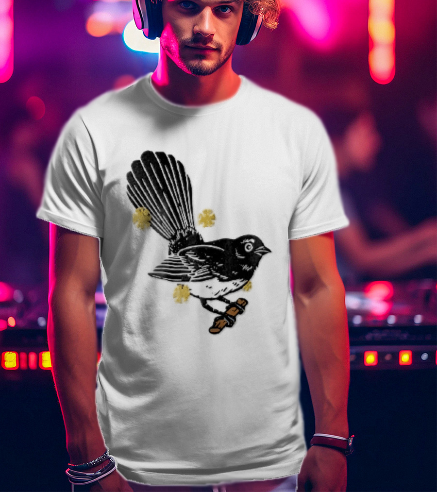 Black White Linocut Fantail Bird Branch Yellow Flowers T-Shirt