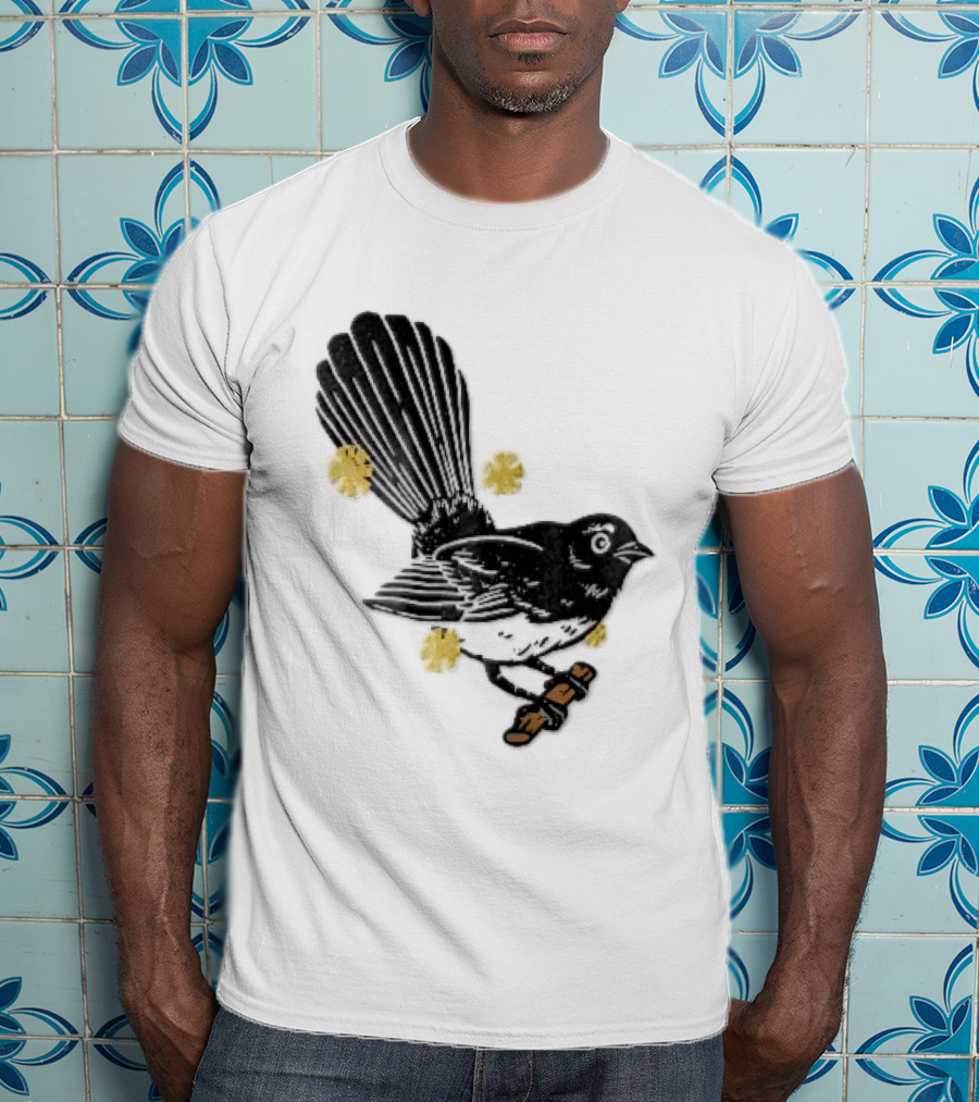 Black White Linocut Fantail Bird Branch Yellow Flowers T-Shirt
