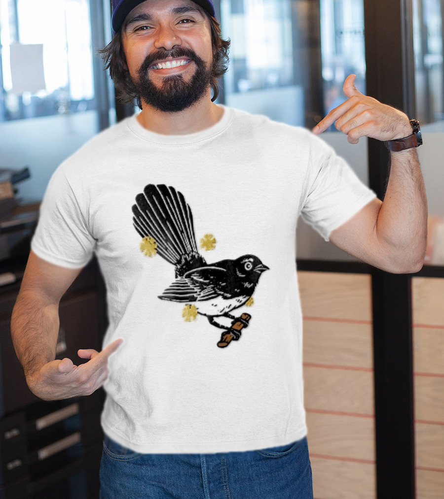 Black White Linocut Fantail Bird Branch Yellow Flowers T-Shirt