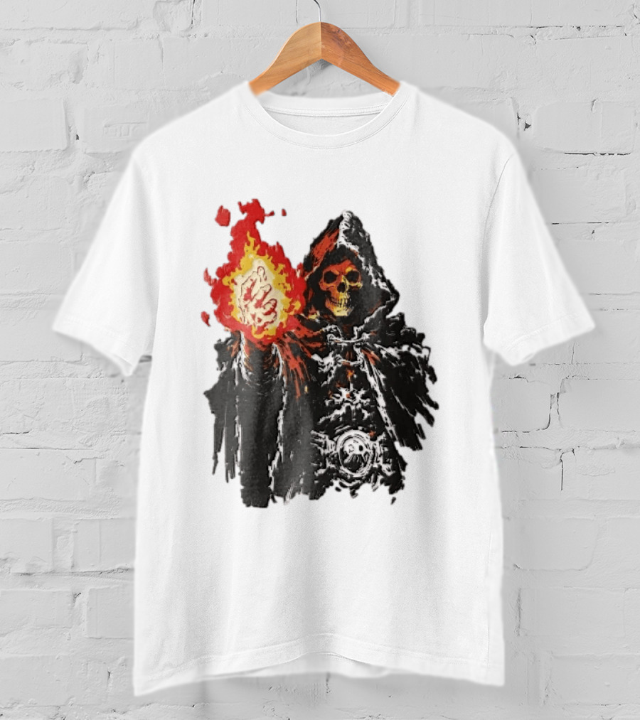 Hooded Skeleton Sorcerer With Glowing Red Fireball T-Shirt