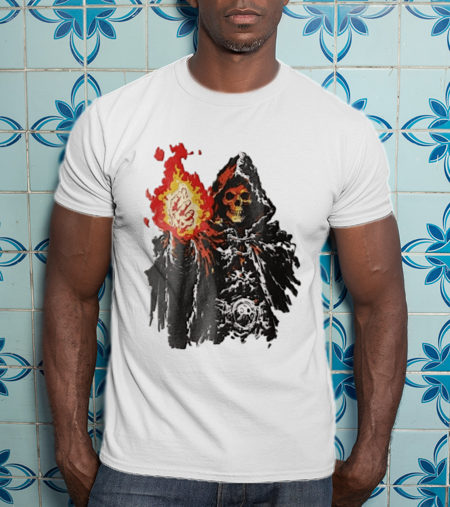 Hooded Skeleton Sorcerer With Glowing Red Fireball T-Shirt