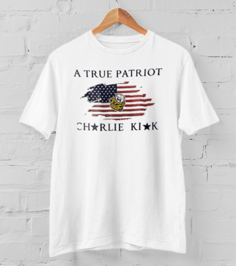 A True Patriot Charlie Kirk Distressed US Flag Wolverine Head T-Shirt