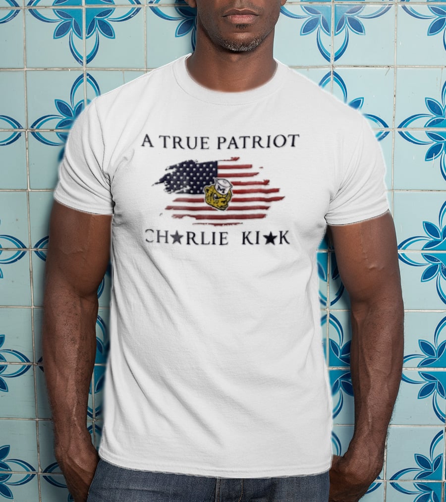 A True Patriot Charlie Kirk Distressed US Flag Wolverine Head T-Shirt