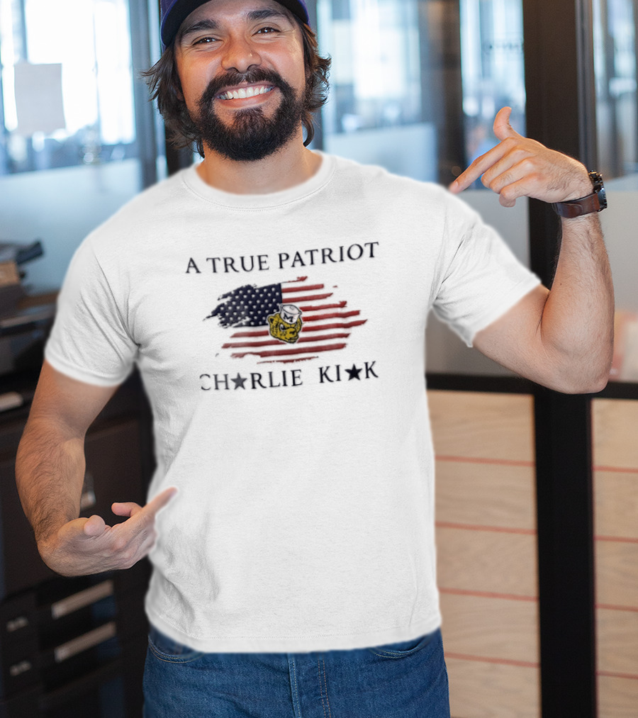A True Patriot Charlie Kirk Distressed US Flag Wolverine Head T-Shirt