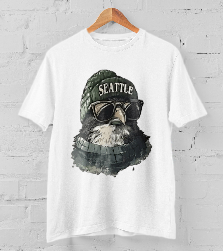 Seattle Beanie Hawk Cartoon With Sunglasses And Scarf T-Shirt