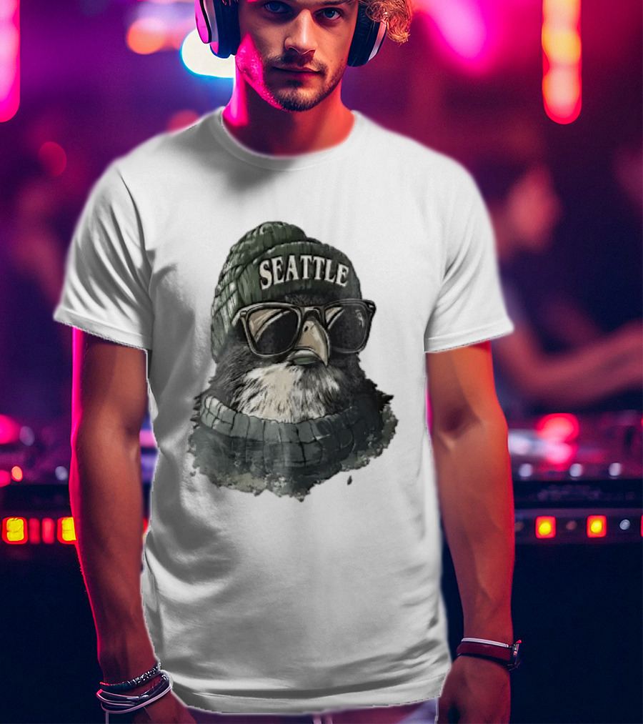 Seattle Beanie Hawk Cartoon With Sunglasses And Scarf T-Shirt