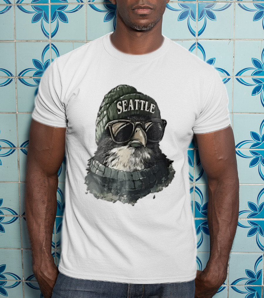 Seattle Beanie Hawk Cartoon With Sunglasses And Scarf T-Shirt