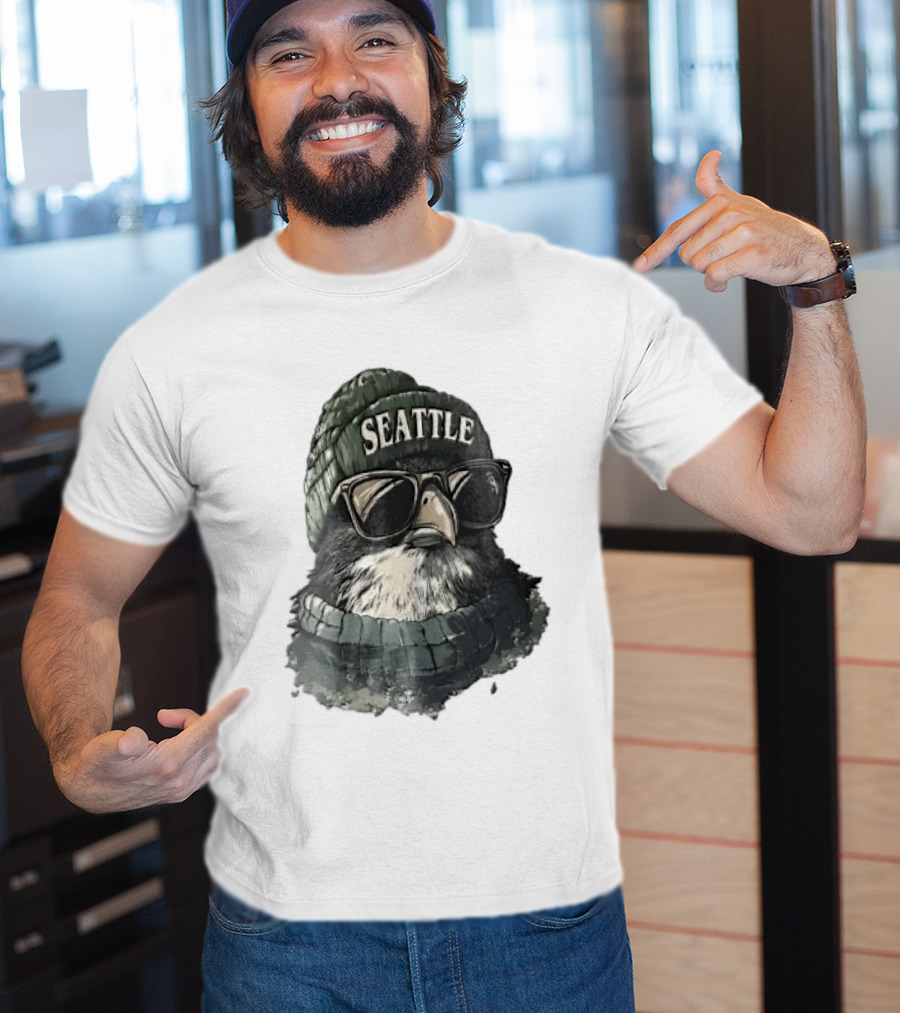 Seattle Beanie Hawk Cartoon With Sunglasses And Scarf T-Shirt