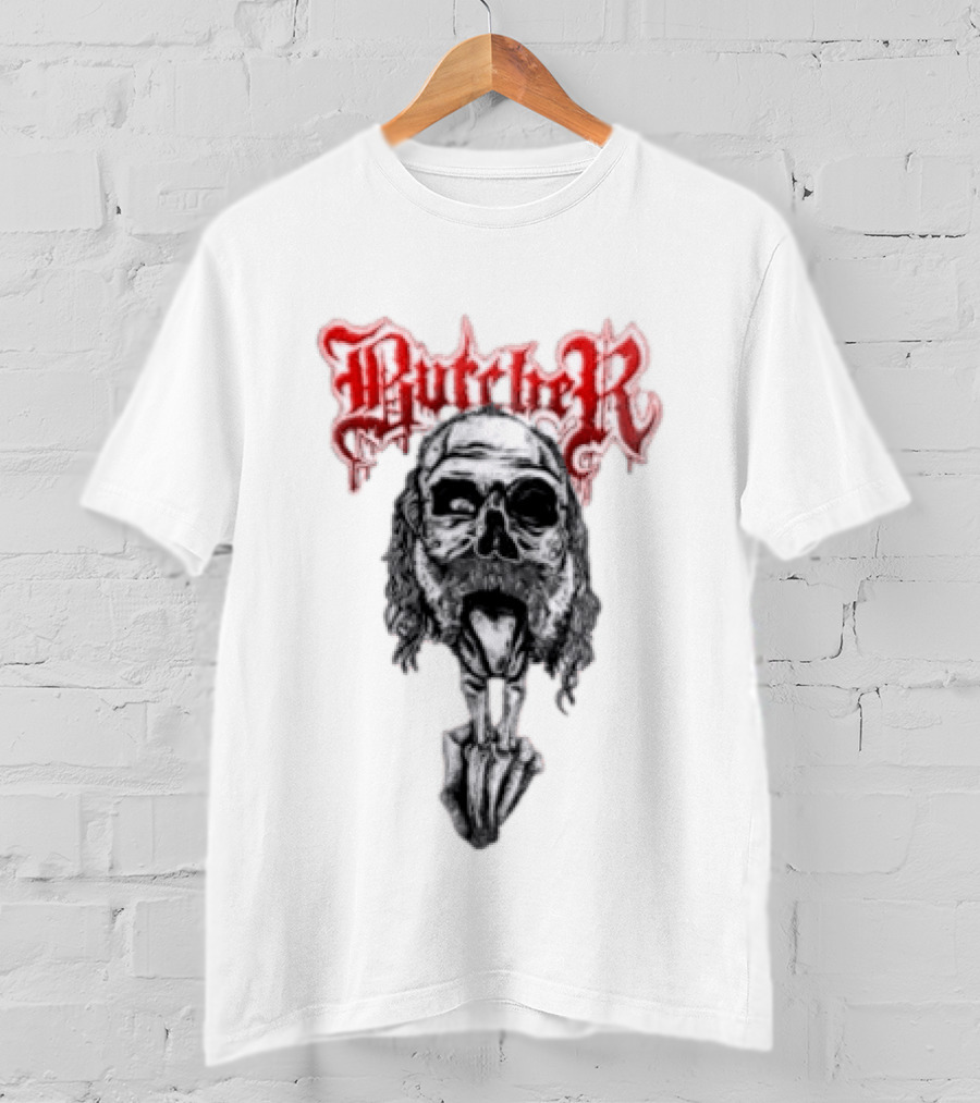Butcher Skull With Gothic Red Text And Grim T-Shirt