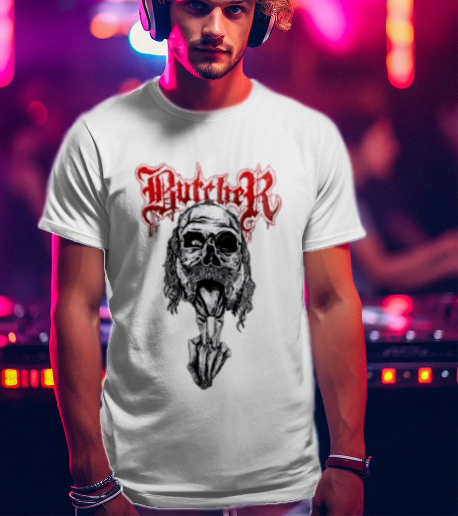Butcher Skull With Gothic Red Text And Grim T-Shirt