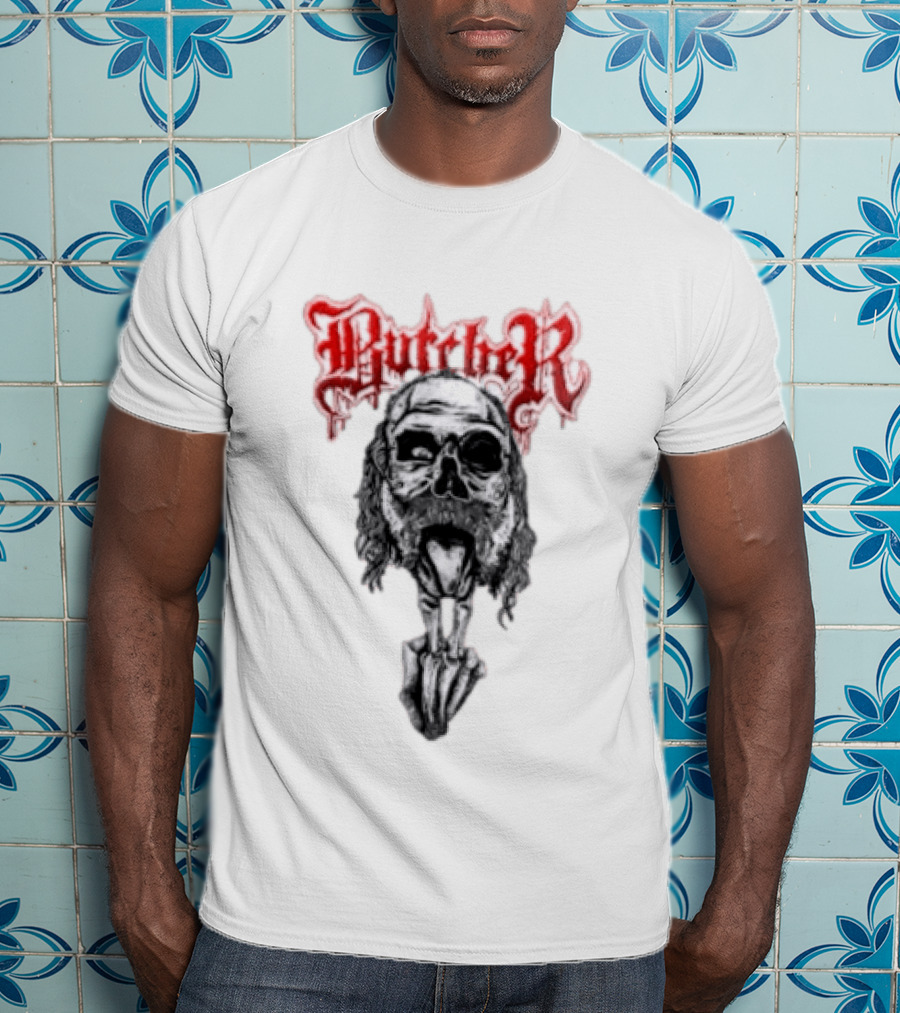 Butcher Skull With Gothic Red Text And Grim T-Shirt