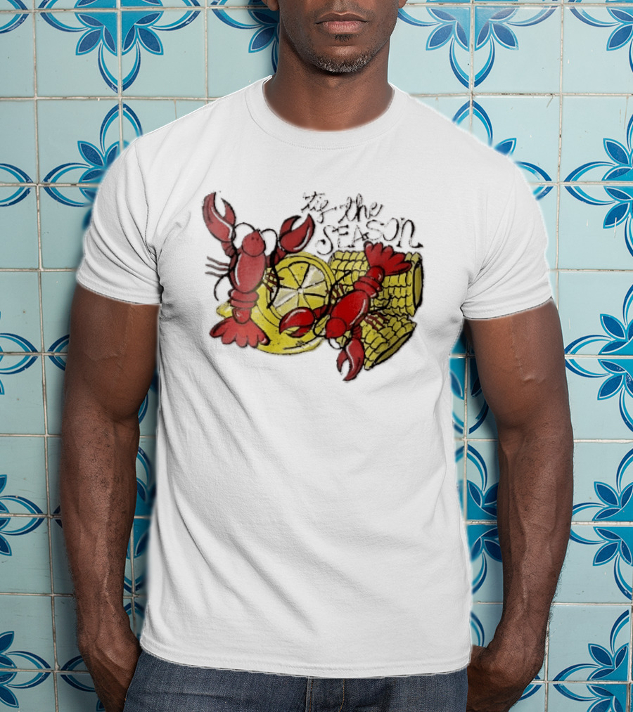 Tis The Season Distressed Cartoon Crawfish Lemon Corn Cob Fun T-Shirt