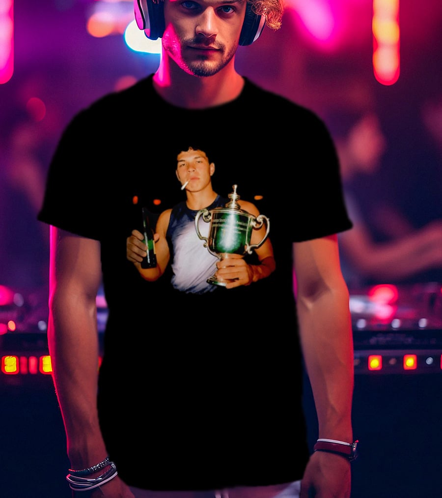 Ben Shelton Celebrating Victory With Beer And Trophy T-Shirt