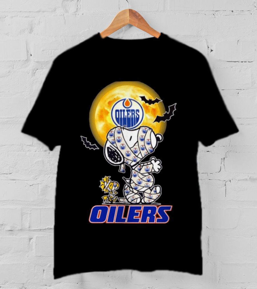 Edmonton Oilers Snoopy Woodstock Halloween Mummy Moon Bats T-Shirt