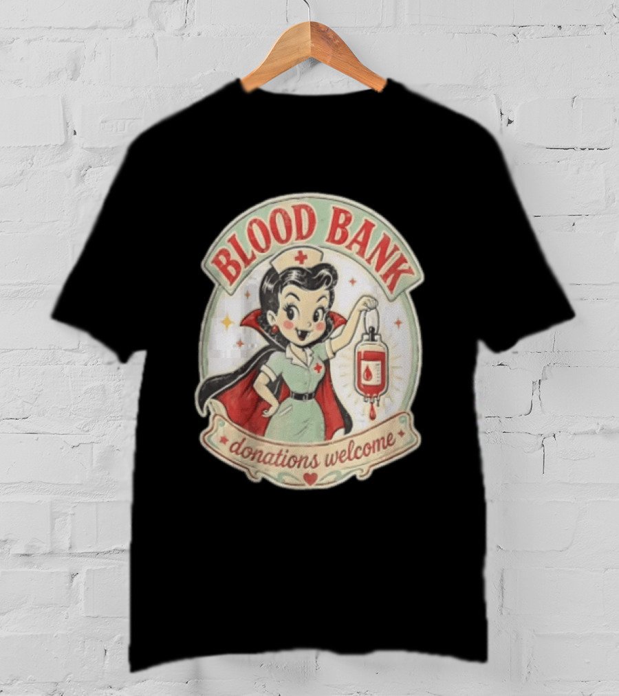 Blood Bank Donations Welcome Vampire Nurse Retro Cartoon T-Shirt