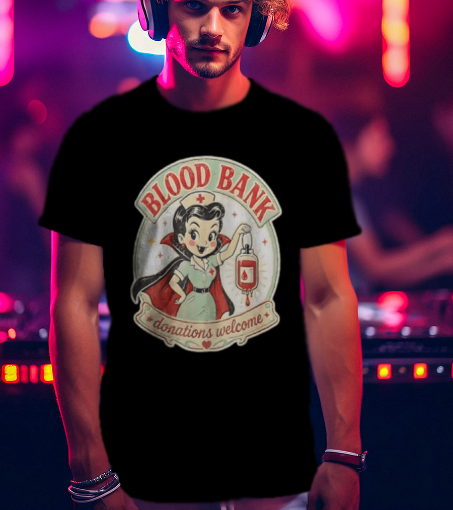 Blood Bank Donations Welcome Vampire Nurse Retro Cartoon T-Shirt