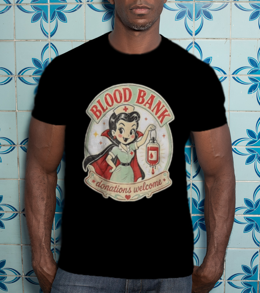 Blood Bank Donations Welcome Vampire Nurse Retro Cartoon T-Shirt