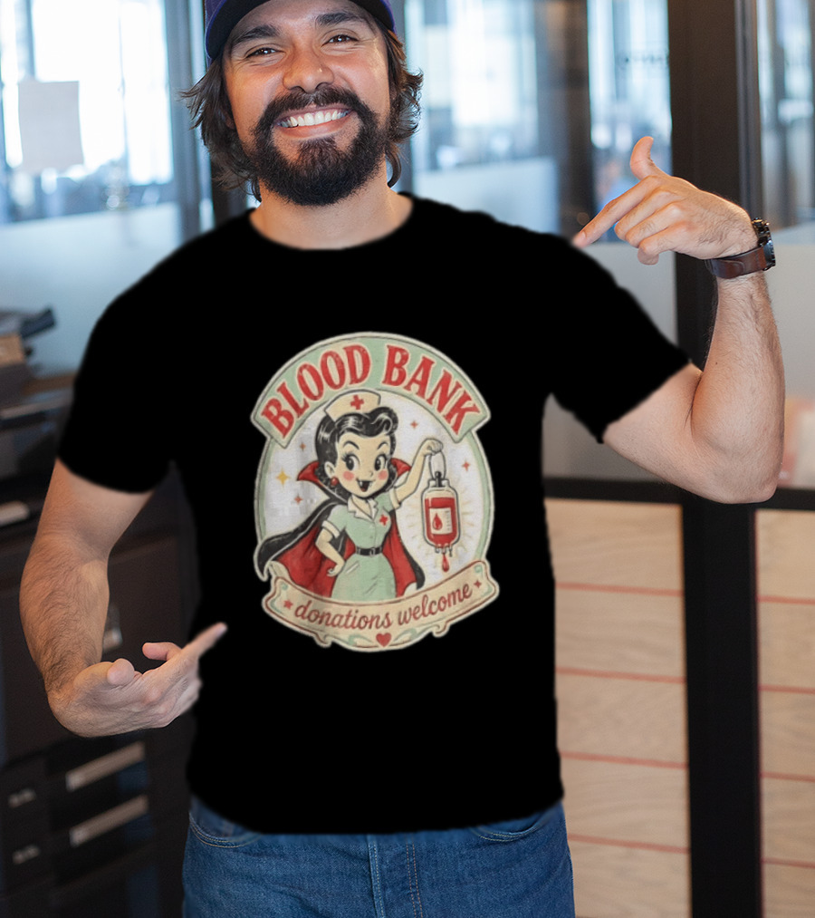 Blood Bank Donations Welcome Vampire Nurse Retro Cartoon T-Shirt
