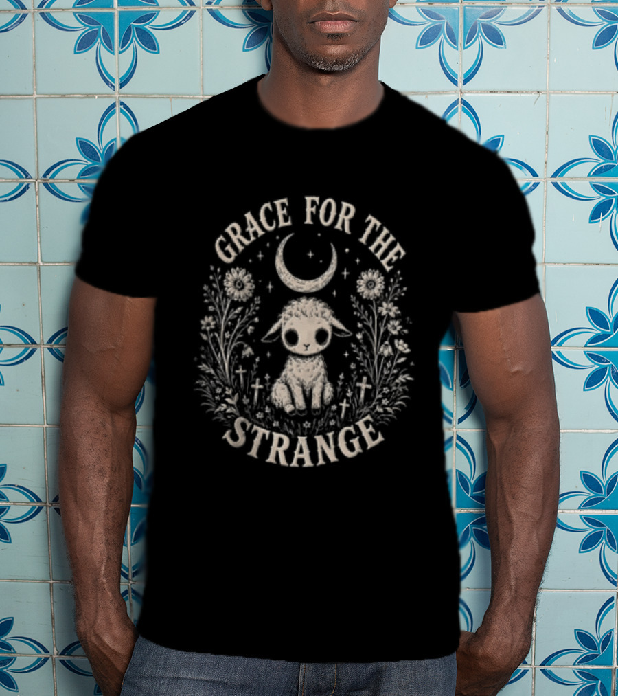 Grace For The Strange Lamb With Moon And Floral Accents T-Shirt