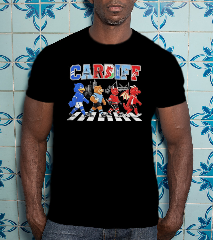 Cardiff Sports Abbey Road Parody With Cartoon Animals Crossing T-Shirt