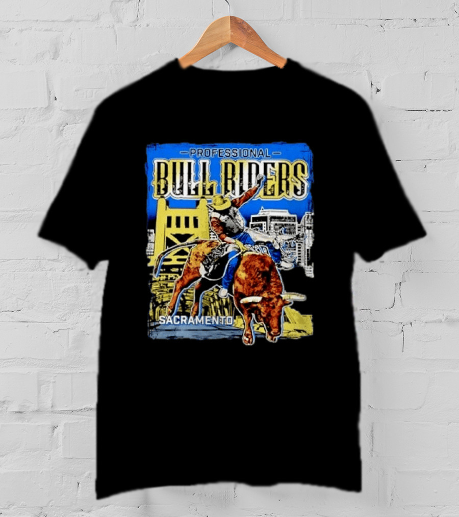Professional Bull Riders Sacramento Cowboy Riding Bull Cityscape T-Shirt