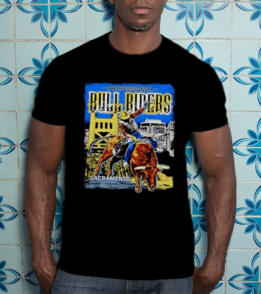 Professional Bull Riders Sacramento Cowboy Riding Bull Cityscape T-Shirt