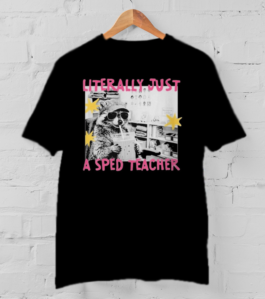 Literally Just A Sped Teacher Raccoon Drinking With Sunglasses And Stars T-Shirt