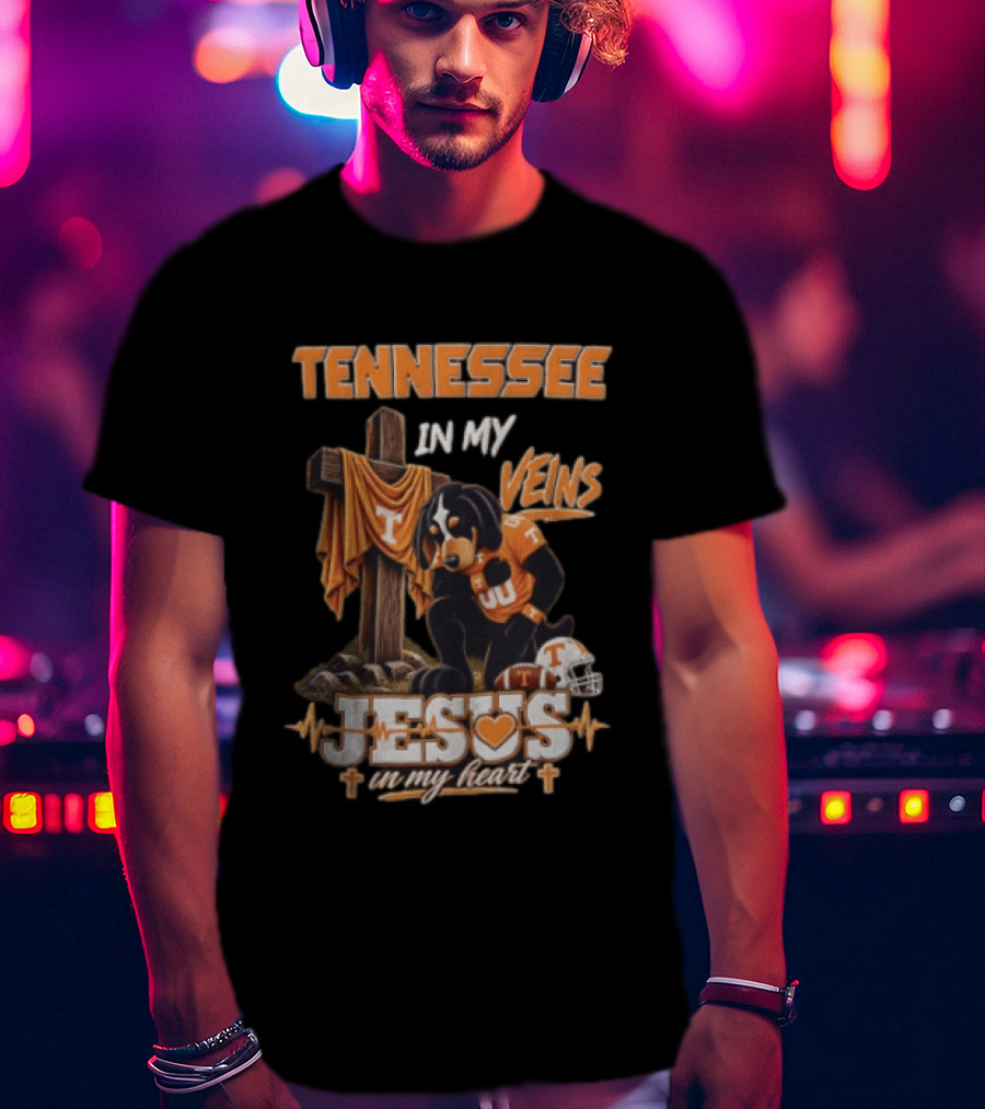 Tennessee In My Veins Jesus In My Heart Dog Cross Football Helmet T-Shirt