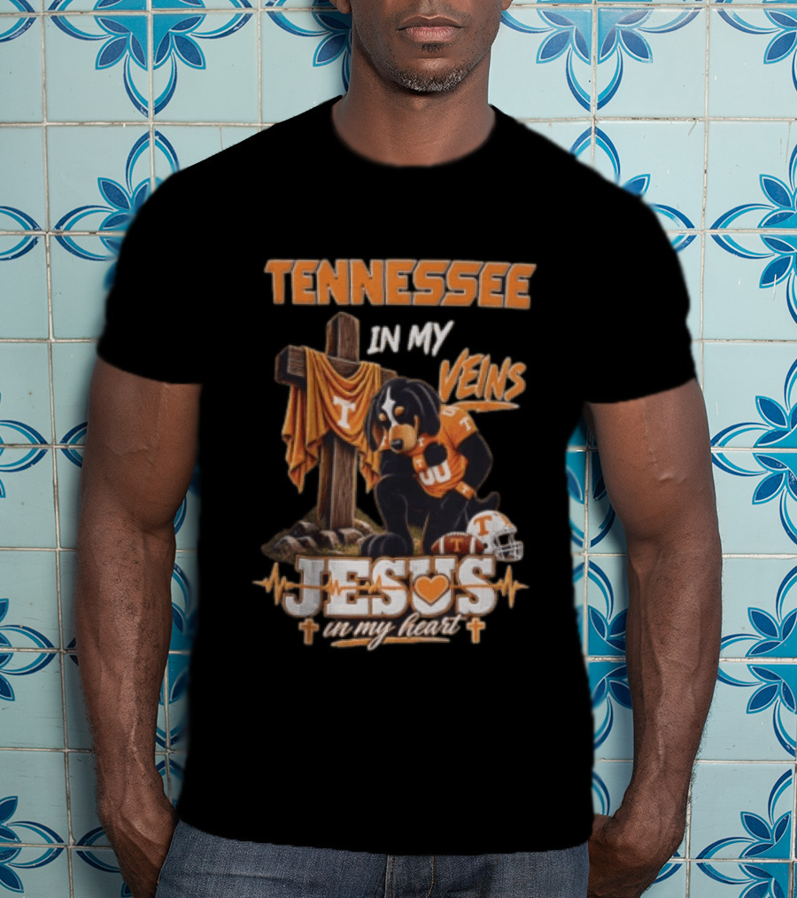 Tennessee In My Veins Jesus In My Heart Dog Cross Football Helmet T-Shirt