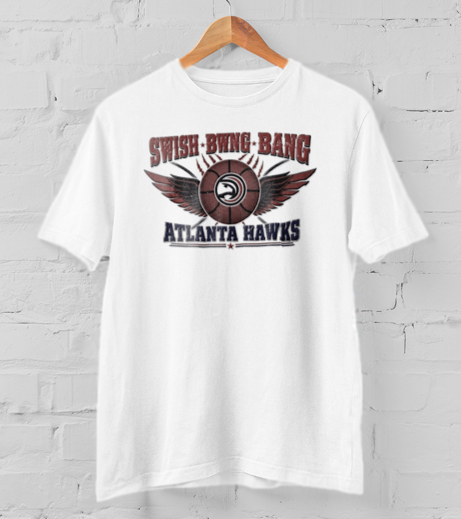 Atlanta Hawks Swish Bwng Bang Distressed Winged Basketball T-Shirt