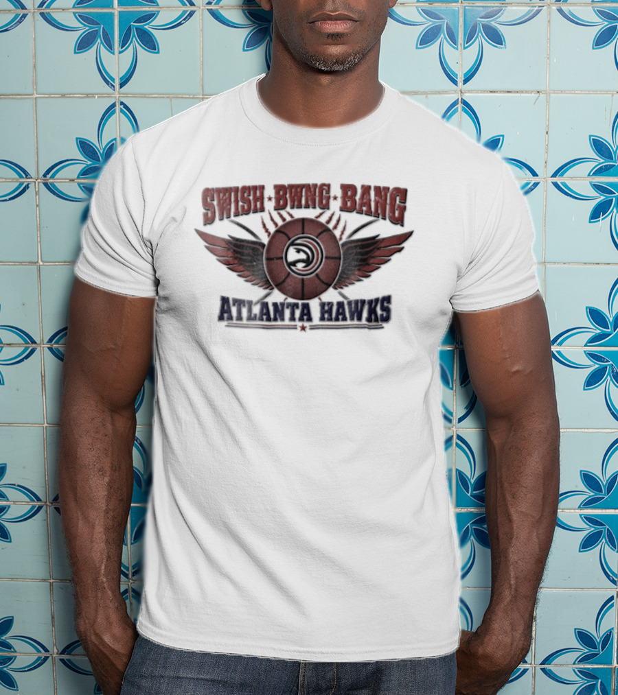 Atlanta Hawks Swish Bwng Bang Distressed Winged Basketball T-Shirt