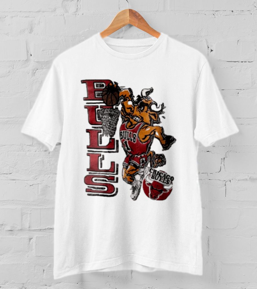 Chicago Bulls Bull Dunking Basketball Hoop NBA Cartoon Caricature T-Shirt