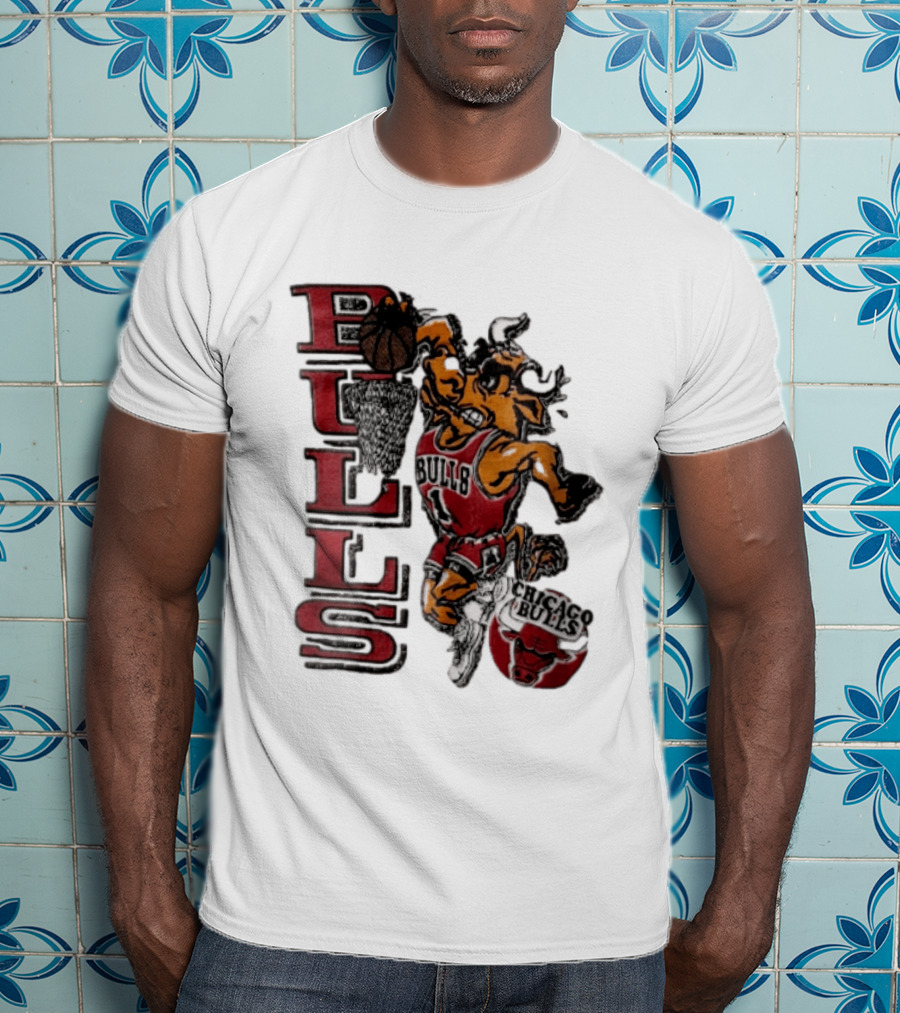 Chicago Bulls Bull Dunking Basketball Hoop NBA Cartoon Caricature T-Shirt