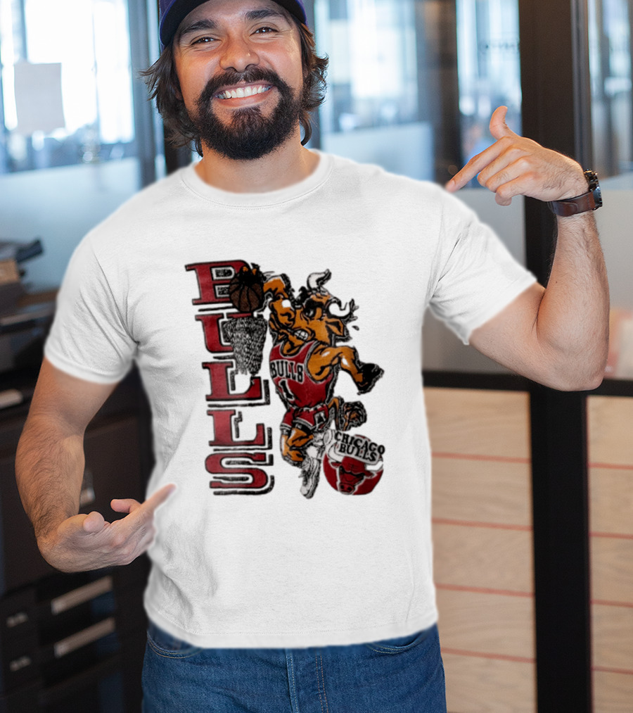 Chicago Bulls Bull Dunking Basketball Hoop NBA Cartoon Caricature T-Shirt