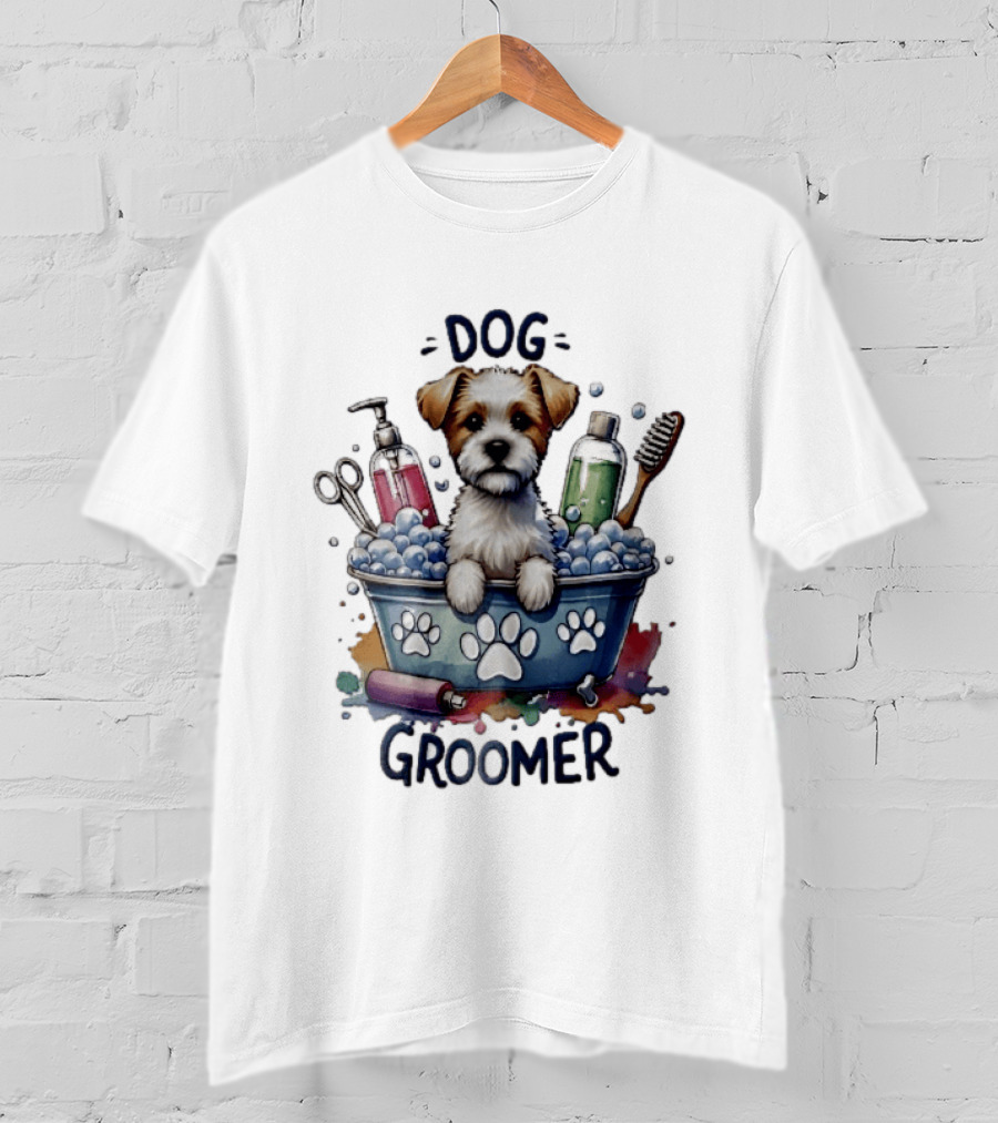 Dog Groomer Puppy Bath Tub Soap Scissors Brush Watercolor T-Shirt