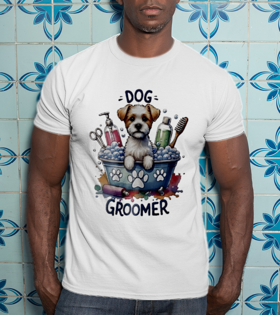 Dog Groomer Puppy Bath Tub Soap Scissors Brush Watercolor T-Shirt