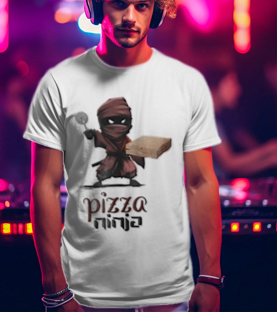 Pizza Ninja Red Masked Cartoon Figure Holding Cardboard Box T-Shirt