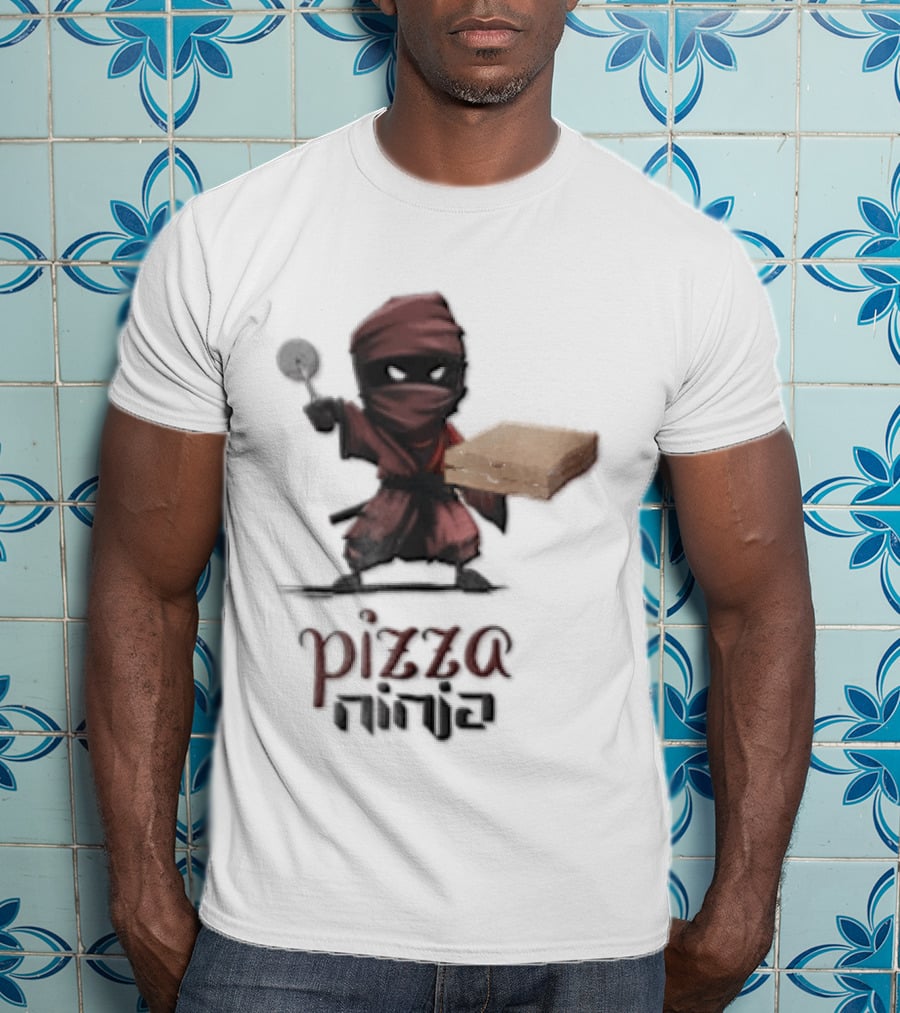 Pizza Ninja Red Masked Cartoon Figure Holding Cardboard Box T-Shirt